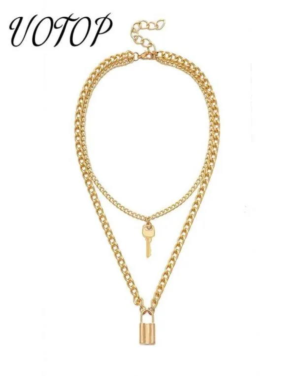 Pendant Necklaces UOTOP Gold Silver Color Choker Necklace Collier Women Layered Chunky Chain Key Lock Collares De Moda 20216911047