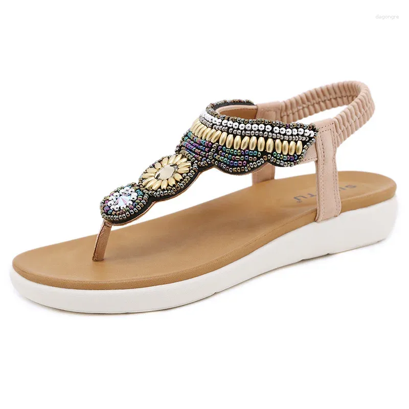 Sandals Bohemian Retro Beach Shoes String Bead Design Soft Elastic Band Clip Toe Flip-flops Women's Brand 2024