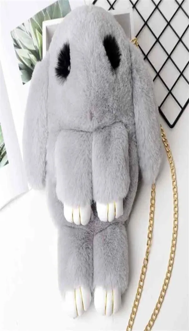 Fluffig kanin axel plysch ryggsäck söt fluffig kanin päls pompoms kedja väska kvinnor tecknad kanin slingväska 2103314887395