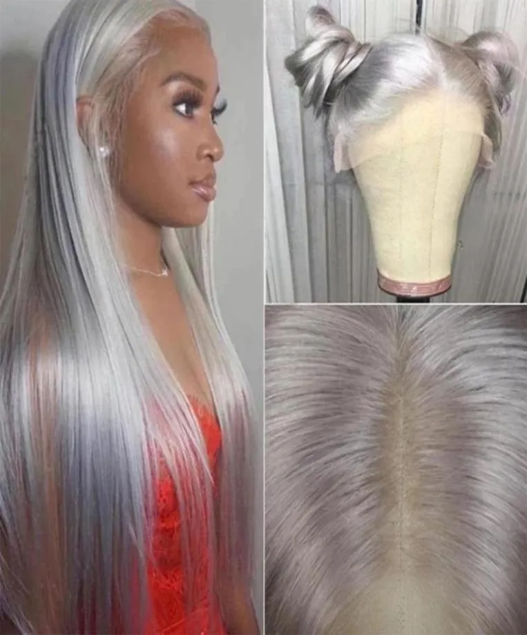 Silver Gray T Part Lace Front Human Hair Wigs Peruvian Straight Pre Plucked 13x1 Wig Grey Long Inch Remy89669184517296