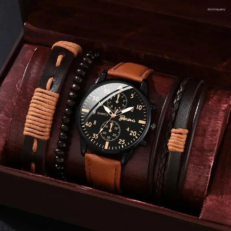 Armbanduhren Luxus Männer Uhr Armband Set Mode Business Braun Leder Quarz Armbanduhren Für Geschenk Box Relogio Masculino