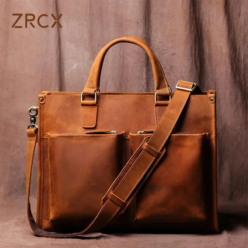 ZRCX Винтажная мужская сумка-портфель Мужская сумка через плечо Crazy Horse Сумки из натуральной кожи Коричневая деловая мода 16-дюймовая сумка для ноутбука 240104