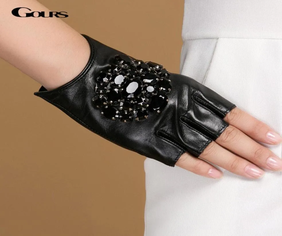 Gours hiver gants en cuir véritable femmes marque de mode pierre noire conduite gants sans doigts dames mitaines en peau de chèvre GSL040 201108540354