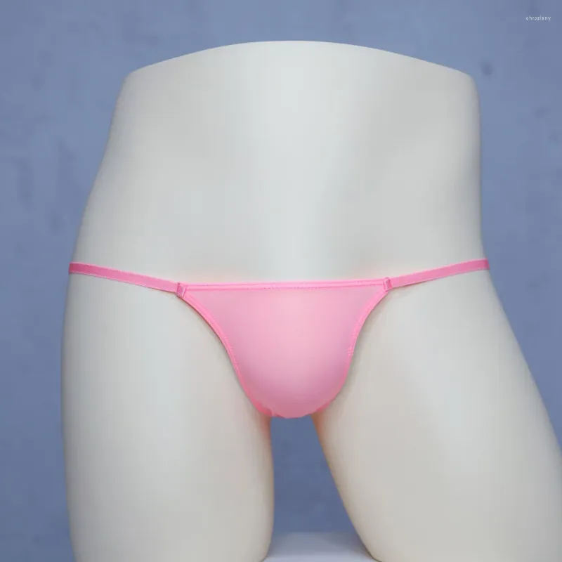 Underpants Sexy Mens Pink T-Back G-string Ice Silk Thong Bikini Hombre Lingerie Male Elastic Underwear Sheer Beachwear Pouch Thongs