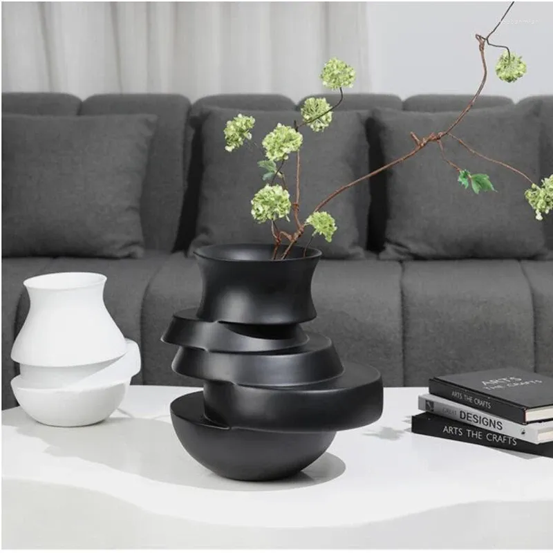 Vasos moderno preto branco em camadas vaso de deslocamento para casa sala arranjo flor resina artesanato dispositivo desktop decoração acessórios