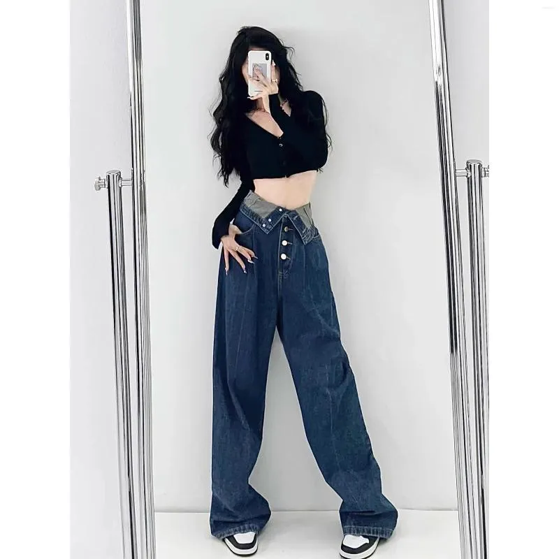 Jeans pour femmes Baggy Femmes Taille haute Taille large Jambe pleine longueur Pantalon en denim Pantalon à bride 2024 Printemps Streetwear Y2K Mode coréenne