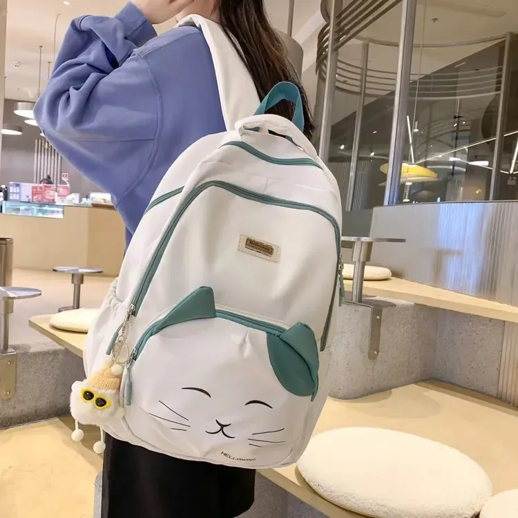 Cute Cat Young Girl School Backpack Female Large Capacity Kawaii Back Pack Mochila Pink Women Bagpack Nylon Cartoon Schoolbag 240103