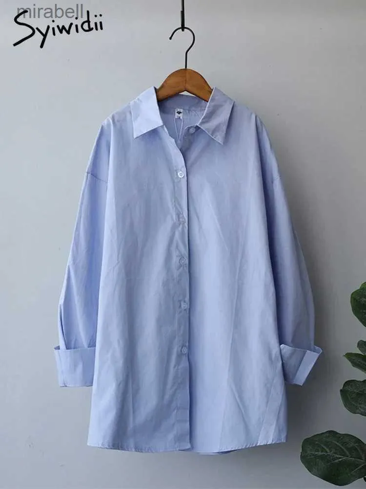 Women's Blouses Shirts Syiwidii Shirt Women Long Sleeve Blouse Cotton 100% Casual Baby Blue White Turn Down Collar Button Up Shirts Oversized Tops YQ240104