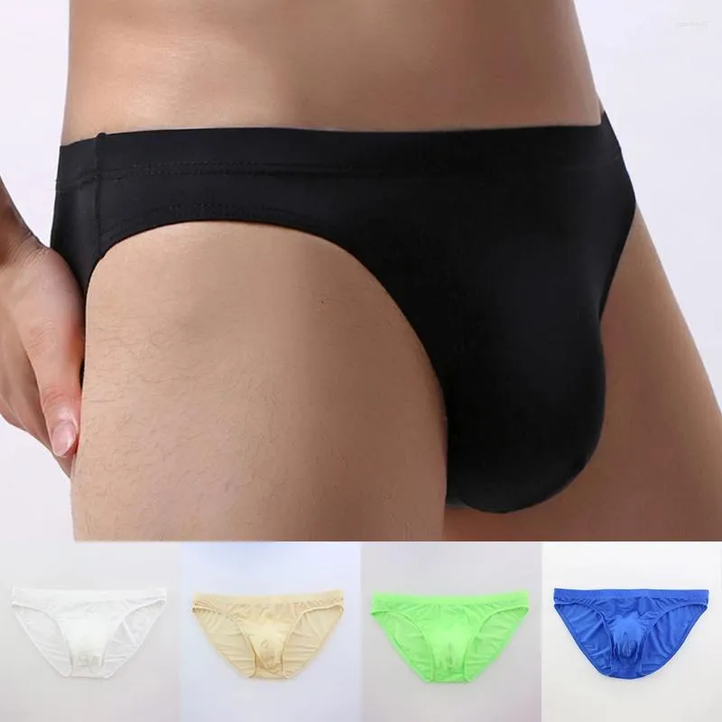 Cuecas sexy roupa interior homens briefs shorts cueca fina gelo seda baixa cintura calcinha sólida u conve bolsa sem costura plus size