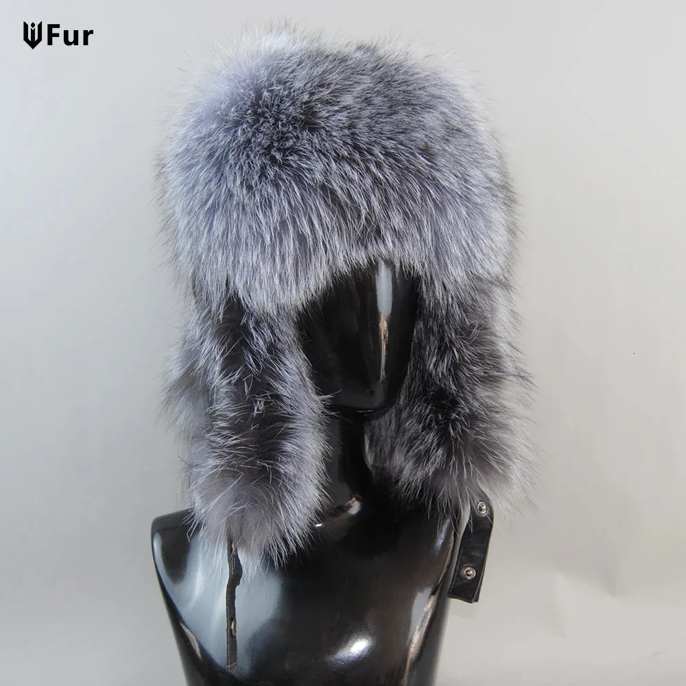 Genuine Silver Fox Fur Hat with Ear Flaps Real Natural Caps for Russian Women Bomber Hats Trapper Cap Leather Top 240103