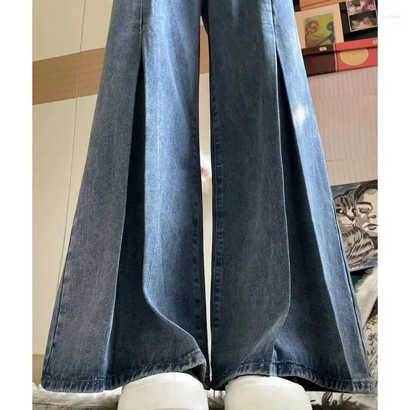 Jeans da donna GIDYQ Primavera Autunno Donna Vintage Pantaloni a gamba larga a vita alta Pantaloni coreani a forma di pera Pantaloni a zampa d'elefante