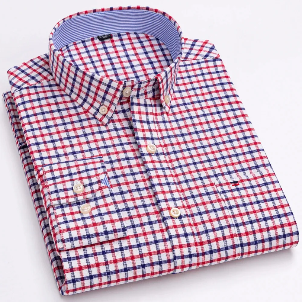 Chemises en coton Oxford polyvalentes et décontractées pour hommes, poche unique, manches longues, coupe standard, boutonnée, chemise à rayures vichy 240104