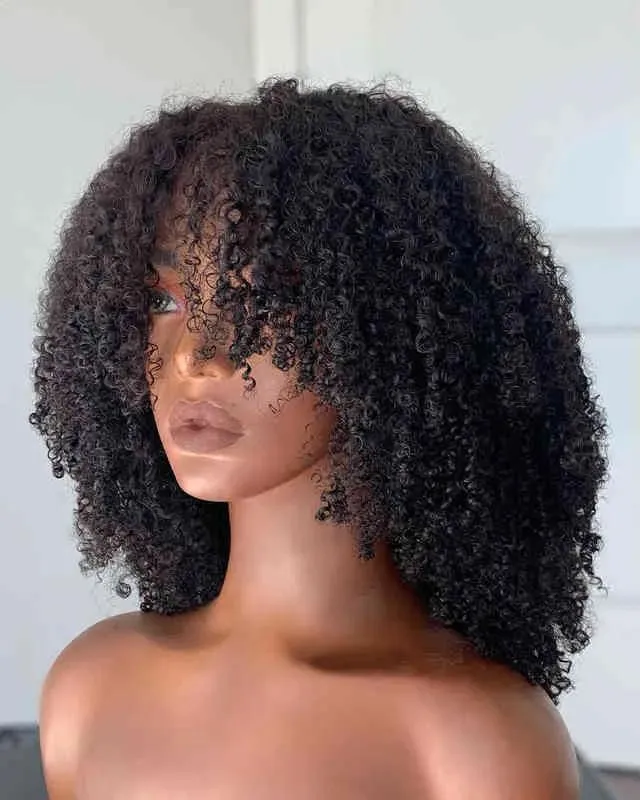 Perruques Afro crépus bouclés perruque avec frange pleine Machine faite 180 200 250 densité Remy brésilien court cheveux humains s 220707
