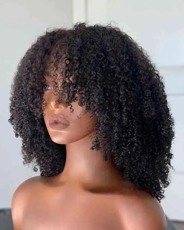 Pelucas Afro Kinky Peluca rizada con flequillo Máquina completa hecha 180 200 250 Densidad Remy Brasileño Cabello humano corto S 220707