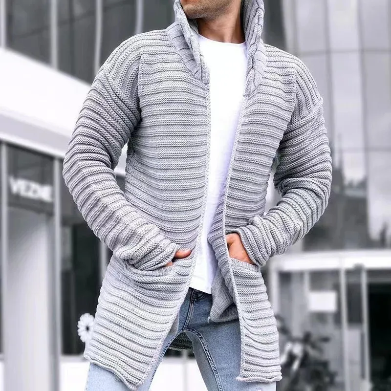 Autumn and Winter Men's Solid Color Knitted Sweater Navy Blue Neckline Open Front Jacquard Long Jacket Coat Long Sleeves Warm and Smooth Flip Collar Clothing 240104