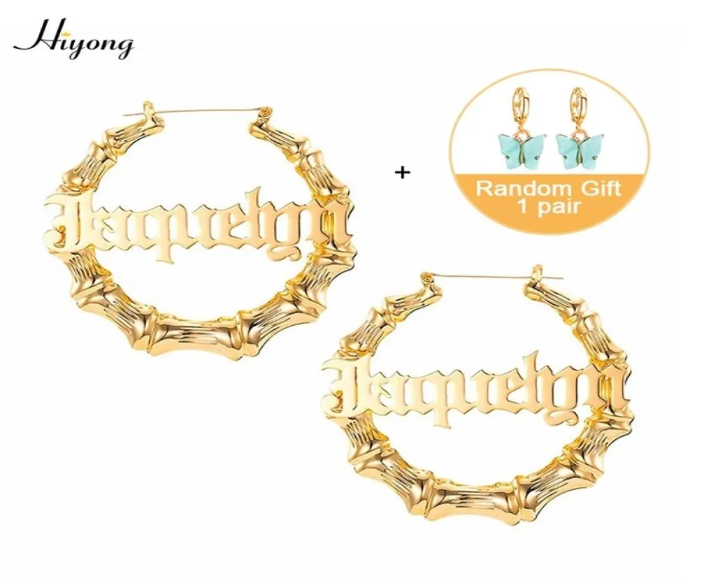 HIYONG Custom Name Earrings Bamboo Hoop Earrings Gold Plated Customize Earrings for Women Girls HipHop Fashion Jewelry Gifts 21034121482