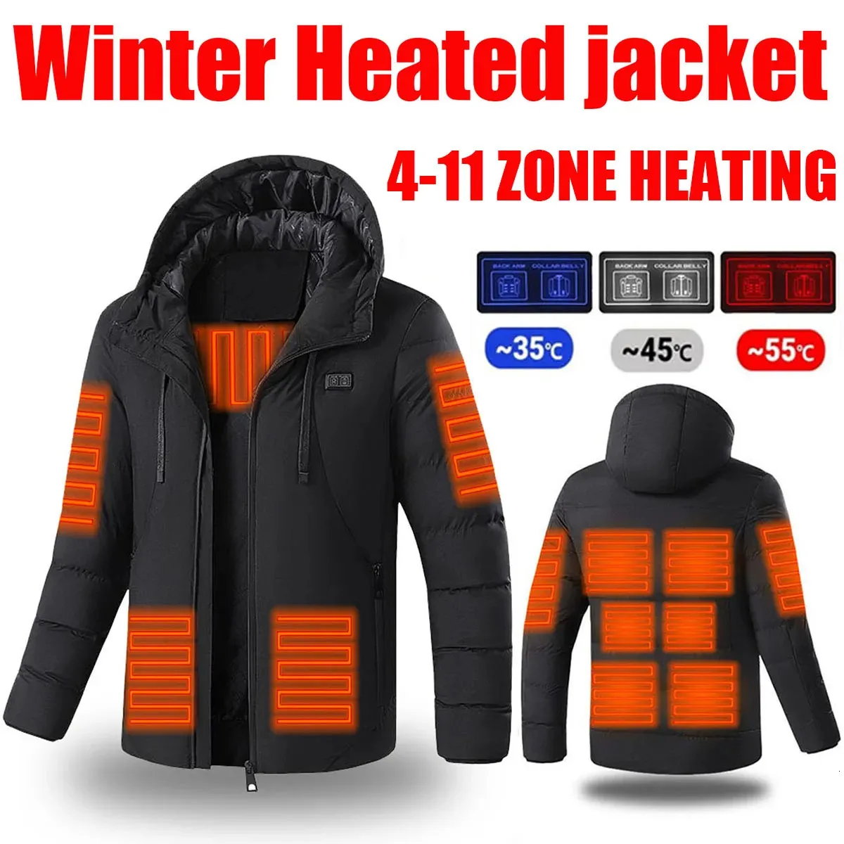 Heated Jacket with Removable Hood, USB Intelligent Dual Control Switch ...