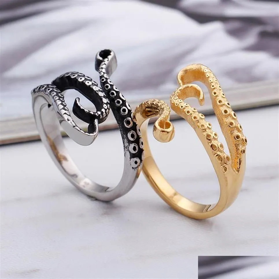 Cluster Rings S Gold Stainless Steel Titanium Gothic Deep Sea Squid Octopus Tentacles Ring For Men Women271F Drop Delivery Dhiyq