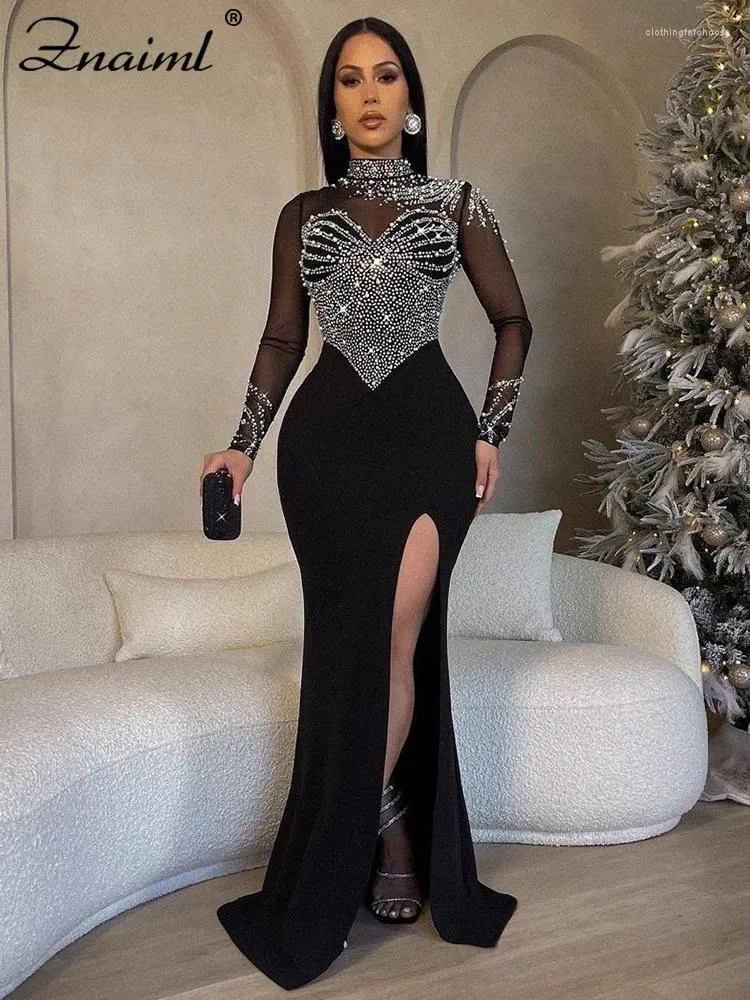 Casual Dresses Znaiml Elegant Wedding Even Mesh See Through Patchwork Long Dress Woman Diamonds Rhinestone Mermaid Prom Formal Birthday Birthday