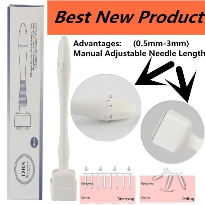 Regulowany DRS 140 Dermastamp Microneedle Roller 0,5-3,0 mm długość igły igły ze stali nierdzewnej Białe uchwyt komputerowy