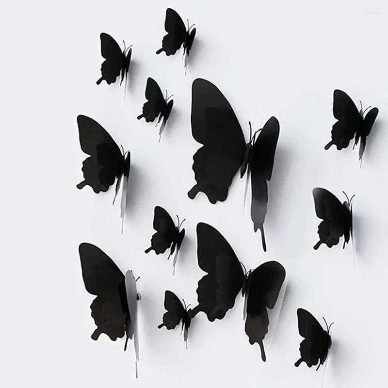 Adesivi murali 12 pezzi Adesivo 3D Farfalla nera Decalcomanie artistiche Carta da parati rimovibile in PVC fai-da-te Murales decorativi per soggiorno camera da letto