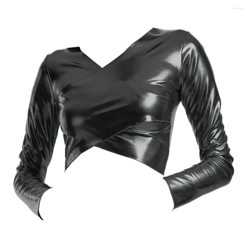 Women's Blouses Soft Stretchy Top V Neck Faux Leather Pullover Blouse For Women Short Waist-exposed Long Sleeve Club With Slim Fit Dance