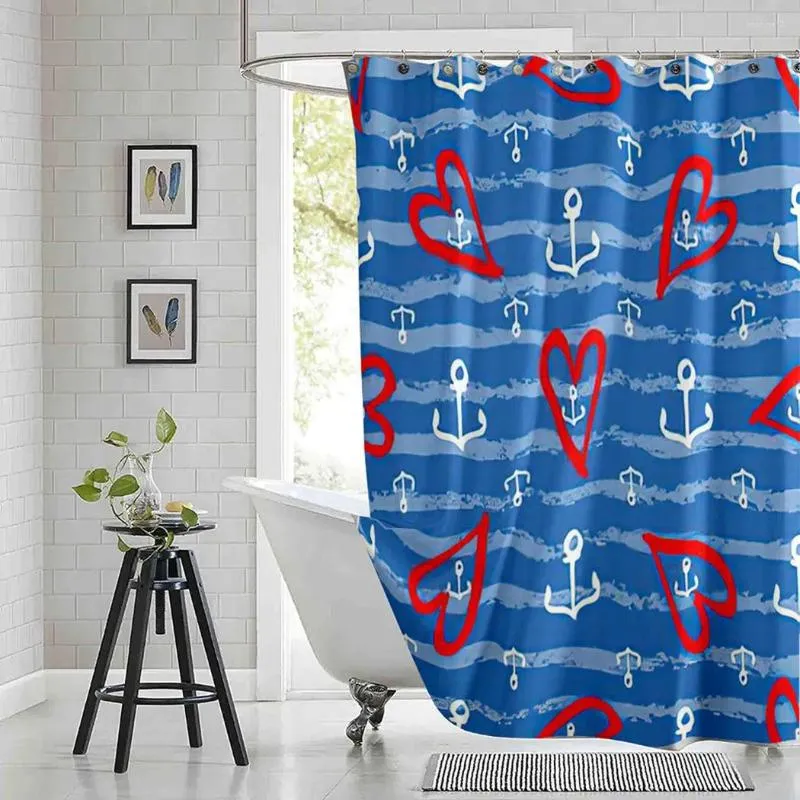 Rideaux de douche Rideau de coeur rouge marin Ancres blanches Rayures bleues Tissu en polyester imprimé Salle de bain imperméable avec crochets