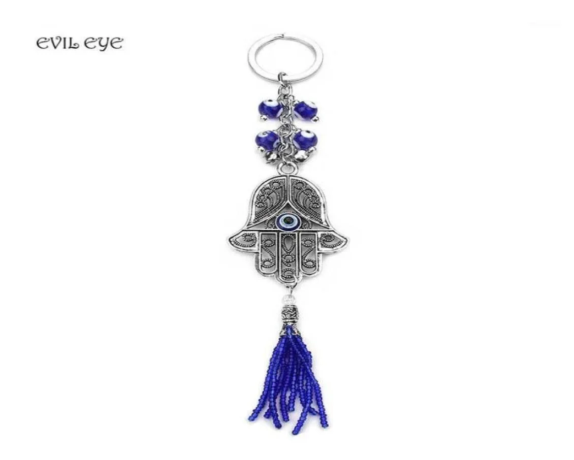 Keychains Evil Eye Fashion Jewelry Key Chain Wall Hanging Pendant Blue Amulet Kabbalah Hand Fatima Glass Ring13682309