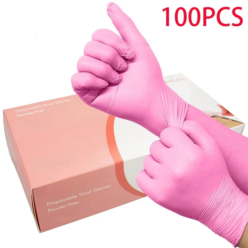 100 pièces/boîte ménage haute élasticité jetables gants en Nitrile rose PVC antistatique sans Latex tatouage gants de travail mécanique 240104