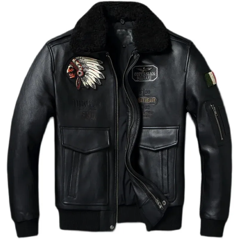 Embroidery Quilted Genuine Sheepskin Coat Winter Natural Fur Collar Soft Men Leather Jacket Flight Coats Clothes 240103