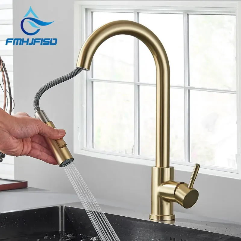 FMHJFISD Kitchen Faucet Brushed Gold Pull Out Kitchen Sink Water Tap Single Handle Mixer Tap 360 Rotation Kitchen Shower Faucet 240103