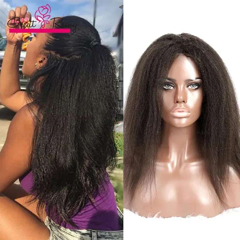 かつらキンキーストレートフロントレースウィッググローレスフルレースウィッグバージンマレーシオン人間の髪の毛lacewig greatemy dropshippinの黒人女性のためのLacewig