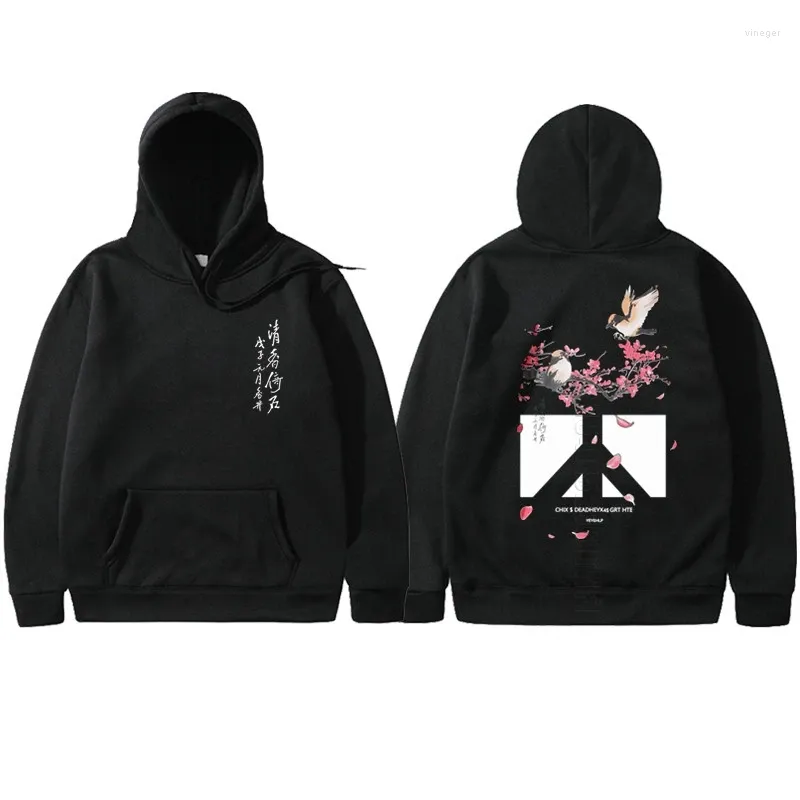 Męskie bluzy faceci Hip Hop Men Bluet Flower i ptak druk harajuku bluza chińska kanji mężczyzna jesienny pullover