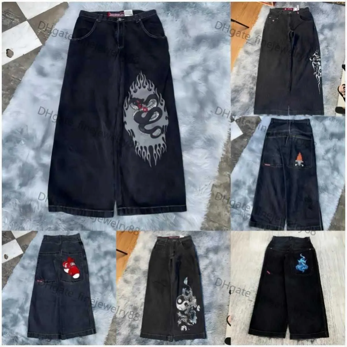 2024メンズジーンズストリートウェアJNCO Y2Kヒップホップ漫画グラフィックプリントビンテージバギーブラックパンツメン女性ハイウエストワイドレッグズボンDZ