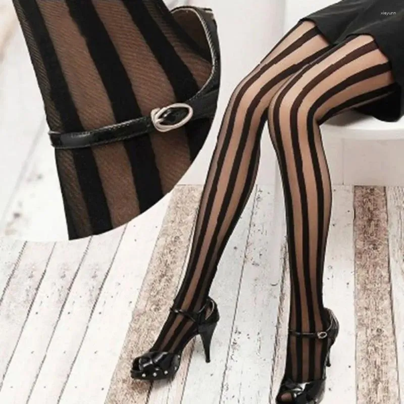 Women Socks Victorian Lolita Girl Gothic Punk Stockings Vertical Stripe Tights Pantyhose Black
