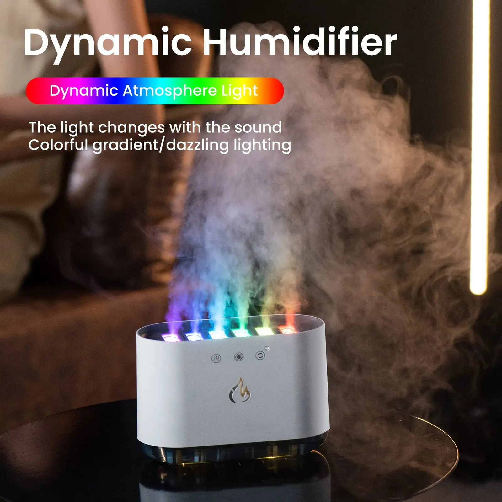 Desktop Dynamic Music Ultrasound Flame Air Humidifier Home 900ML RGB Led Light Diffuser Machine Mist Maker 240104