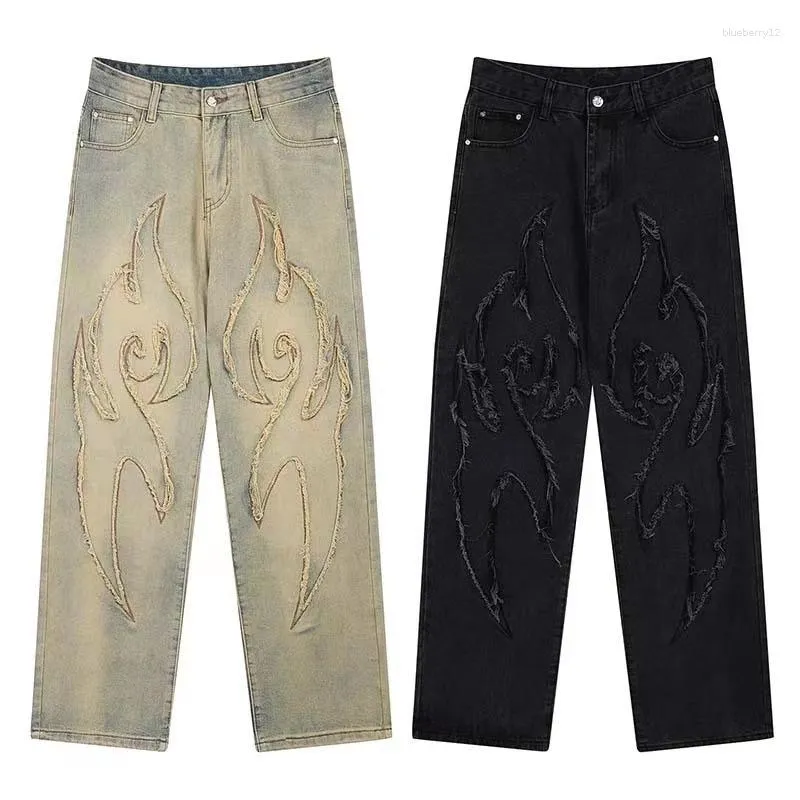 Men's Jeans Street Retro Raw Edge Embroidery Baggy Men Fashion Hip Hop Women Patchwork High Waist Denim Pants