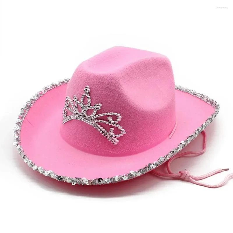 Bérets Quatre Saisons Femmes Cowboy Chapeaux Cowgirl Casquettes Polyester 57-58 cm Rose Décoratif Paillettes Couronne Moulage Mode Fille Fête NZ0113