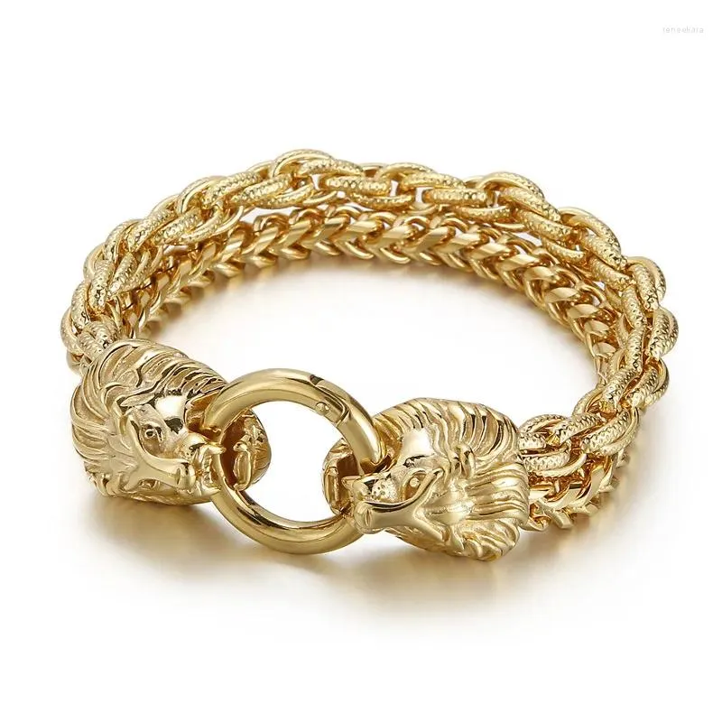 Link Armbanden 14mm Gothic Punk Gouden Plaat Leeuwenkoppen Mannen Hiphop Retro Zwart Roestvrij Staal Dubbellaags Chain Bangle sieraden