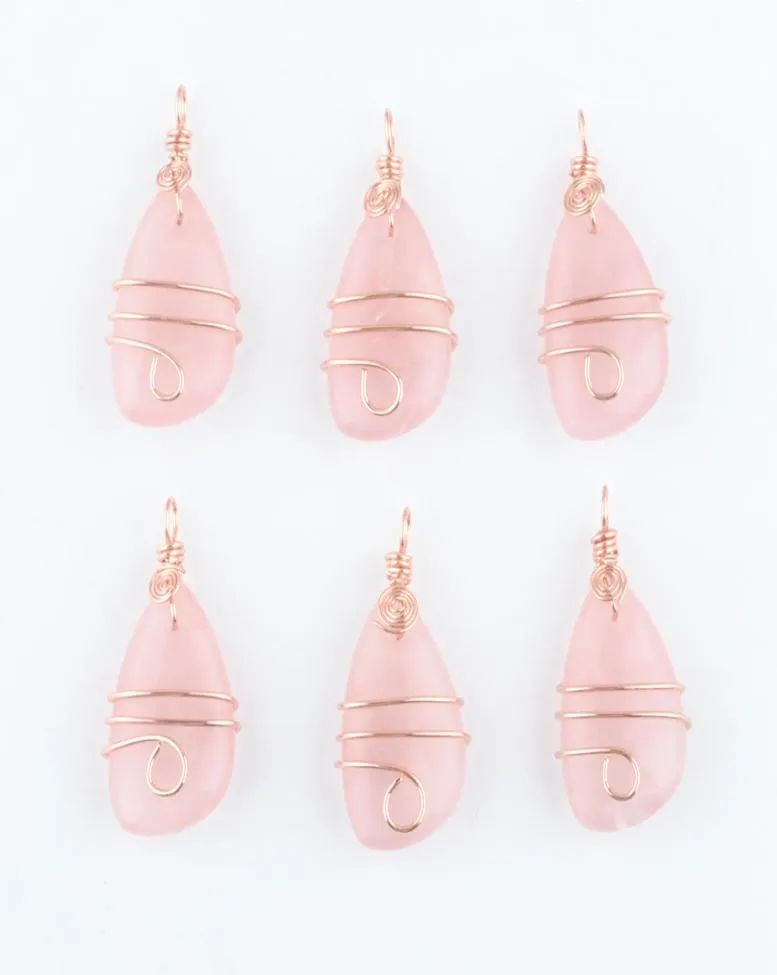 Partihandel Natural Stone Rose Quartz Copper Wrap Pendant Oregelbunden geometrisk pärla Rose Gold Color Dingle Charms smycken DN41757862300