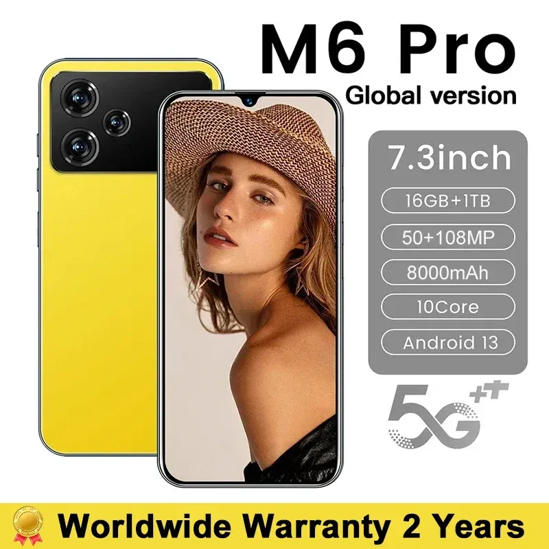 Orijinal M6 Pro Smartphone Global Sürüm 5G Yeni 7.3inch HD Telefon Telefonları 16GB+1 TB Cep Telefonu Android13 Cep Telefonları