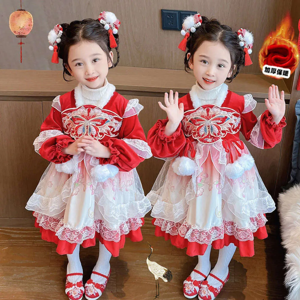 Kinder Prinzessin Mädchen chinesischen Stil bestickt Hanfu 2023 Winter samt verdickt Lolita Kleid