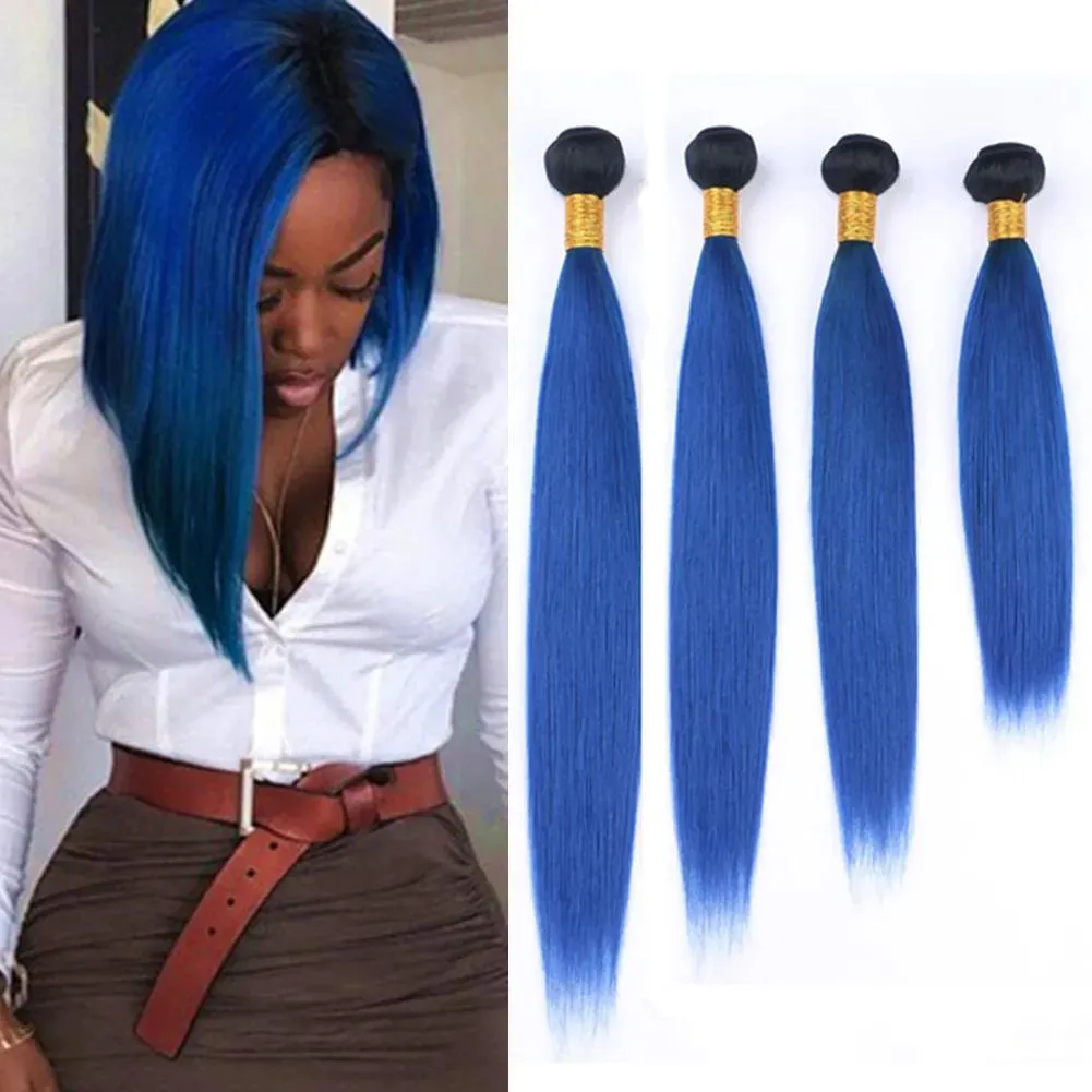 WEFTS＃1B BLUE OMBRE STRAIGHT HUMAN HAIR BUNDLES BLACK and DARK BLUE OMBRE BRAZILIAN VIRGEN HAIR WEAVES TWO TONE HUMAN HAIR WEFT EXTENSI