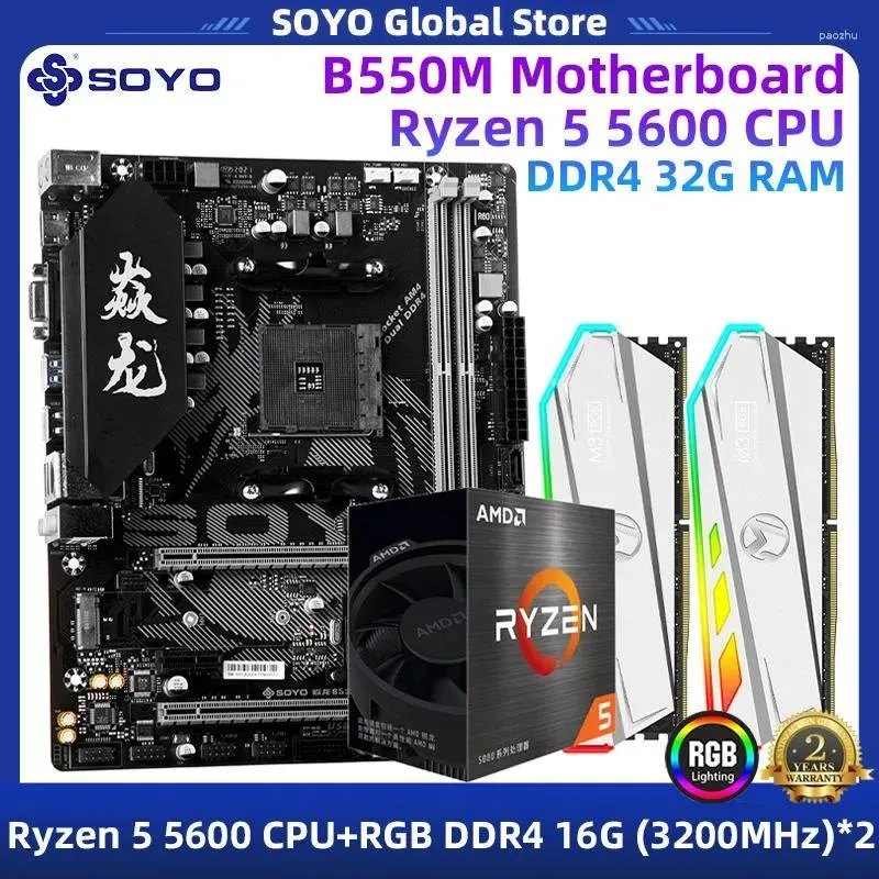 Cartes mères Cartes mères SOYO B550M Kit de carte mère et mémoire processeur Ryzen 5 5600 CPU RGB éclairage RAM DDR4 16GBx2 3200MHz pour ordinateur de bureau