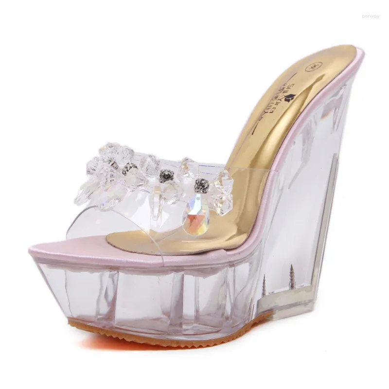 Sandaler Glass Crystal Wedge Heel Women's Slippers Summer Waterproof Platform Non-Slip Bottom Sexig Super High