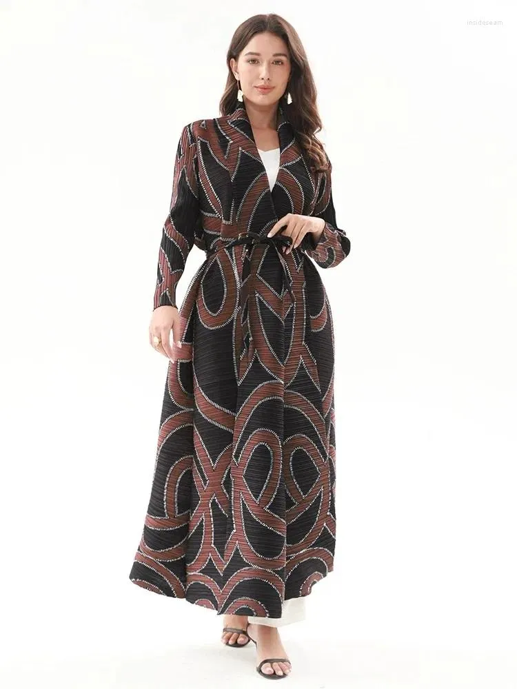 Женские плащи Miyake, плиссированные винтажные платья с отложным воротником и длинными рукавами с принтом, женские 2024, оригинальный дизайнерский кардиган Abaya