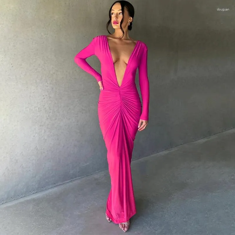 Casual Dresses Women's Open Back Bodycon Dress V-Neck Slim Fit Pleated Long Sleeve Wrap Hip Elegant Formal Party Club Night Luxury
