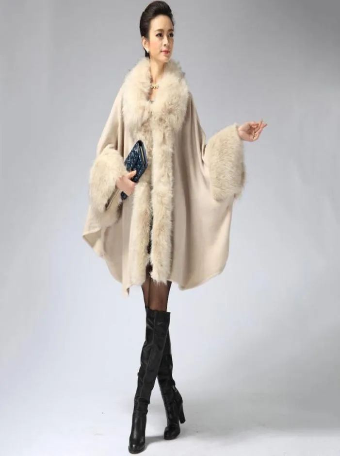2018 Europese Rusland stijl vrouwen grote maat cape poncho met bontkraag voor vrouwelijke winter kasjmier pashmina sjaal Wraps herfst D16118745