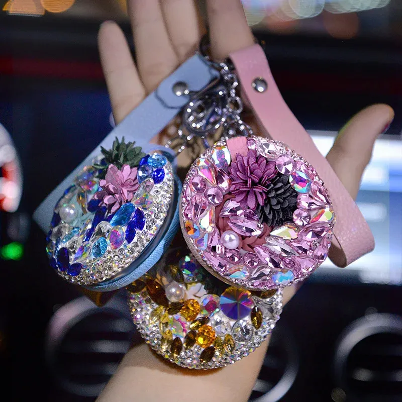 Porte-clés de luxe en cristal Strass fait à la main, avec miroir, porte-clé de voiture, breloque pour sac, bracelet en cuir PU, chaîne, anneau pendentif 240103