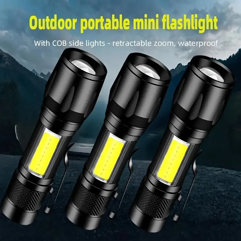 1/2st LED mini -ficklampor, USB -laddningsbar, med COB -sidoljus, zoom, vattentät fackljus, lämplig för camping, vandring, underhåll